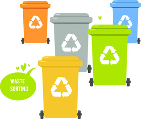 Colorful trash bins for sorting waste. Banner urges people to sort garbage.