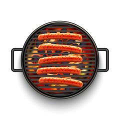 Isolated Barbecue Grill with Sausages and Fire on White Background in Realistic Style