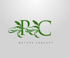 Letter R, C and RC Green Leaf Logo Design. monogram logo. Simple Swirl Green Leaves Alphabet Icon.
