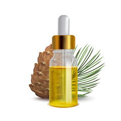 Siberian Pine Oil Bottle with Cone and Branch in Realistic Style