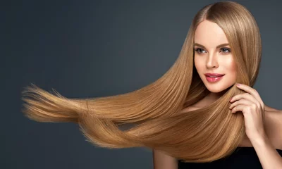 Foto auf Glas Beautiful model woman with shiny  and straight long hair. Keratin  straightening. Treatment, care and spa procedures. Blonde beauty  girl smooth hairstyle © Sofia Zhuravetc