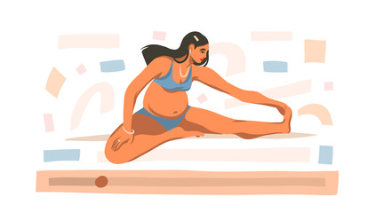 Hand drawn vector abstract stock graphic illustration with young happy pregnant female does physical exercises online at home isolated on white background