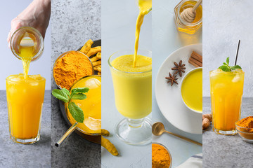 Collage of Indian golden turmeric milk and iced beverage with curcuma on light. - obrazy, fototapety, plakaty