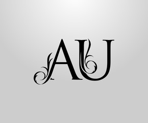 Classy A, U and AU Letter logo. Graceful Floral Alphabet Mark for book design, letter stamp, weeding card, brand name, Restaurant, Boutique, Hotel.