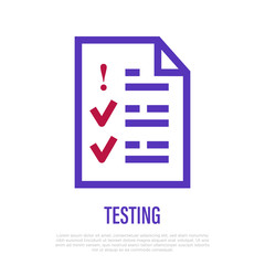 Testing form, survey or check list. Thin line icon. Sheet with exclamation point and check marks. Vector illustration.