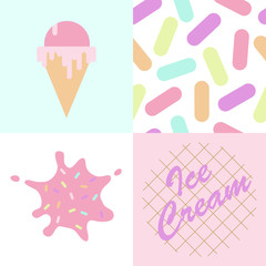 Ice cream posters , multicolored sprinkle pattern, set of ice cream illustrations, pink ice cream spot, waffle texture, ice cream icon.