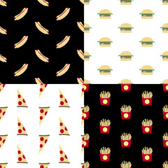 Fast food set patterns. Patterns of icons on a white and black background. Hot dog pattern, Burger, pizza slice, French fries.