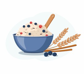 Oatmeal porridge with blueberry in ceramic bowl. Healthy food. Breakfast.