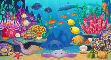 Large set of coral reef with algae tropical fish and corals. Vector illustration in cartoon style.