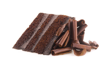 Chocolate cake slice with curl on white background