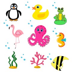 cute sea animals set.cartoon vector illustration. Marine life. 