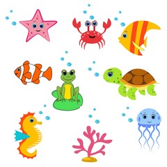 Naklejka na ściany i meble cute sea animals set.cartoon vector illustration. Marine life. 
