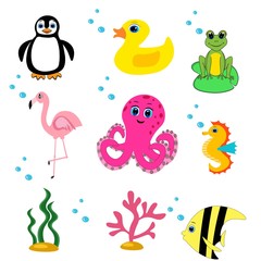 cute sea animals set.cartoon vector illustration. Marine life. 