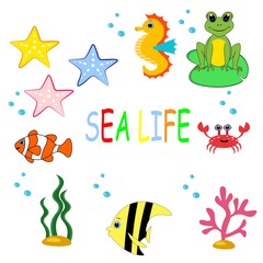 cute sea animals set.cartoon vector illustration. Marine life. 