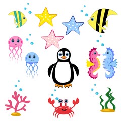 cute sea animals set.cartoon vector illustration. Marine life. 