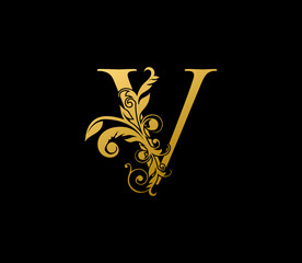 V Gold Letter Logo With Elegant Floral Design. Vintage drawn emblem for book design, brand name, letter stamp, Restaurant, Boutique, Hotel.