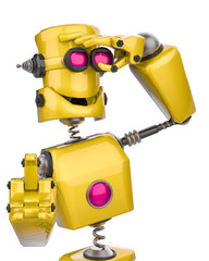 funny robot cartoon sees far away in a white background