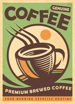 Premium brewed coffee retro ad design layout with coffee cup and fields  in background. Green flyer for hot drink. Vector illustration.