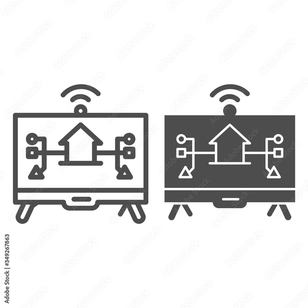 Poster monitor with building and connections line and solid icon, smart home symbol, modern house technolog