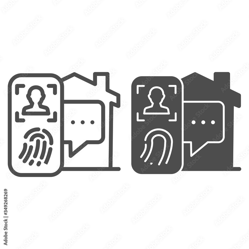 Poster smartphone with fingerprint and building line and solid icon, smart home symbol, automation and inte