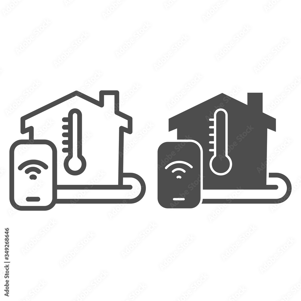 Poster building and thermometer with smartphone line and solid icon, smart home symbol, remote heating cont