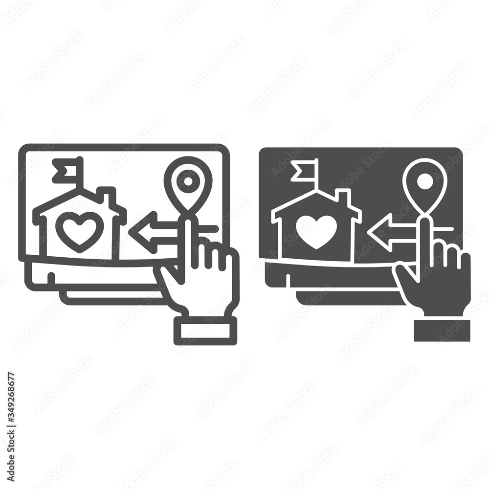 Poster monitor and hand pointer line and solid icon, smart home symbol, remote delivery of goods vector sig