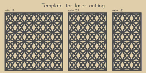 Template for laser cutting. Stencil for panels of wood, metal. Geometric pattern. Abstract background for cut. Vector illustration. Decorative cards. Ratio 1:1, 2:3, 1:2.