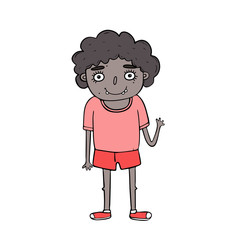 Black boy. Vector illustration of a character isolated on a white background a boy with curly hair and dark skin waving his hand, dressed in shorts and a t-shirt.