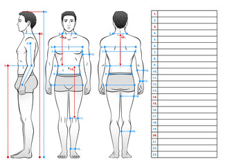 A man in his underwear is seen from the front, side and back, black and white. Scheme of measurement of the human body. Table for entries