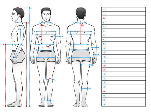 A man in his underwear is seen from the front, side and back, black and white. Scheme of measurement of the human body. Table for entries