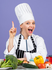 inpiration for meal. happy chef woman. culinary and cuisine. being really professional. eco-friendly products for cooking. Chef fresh and delicious vegetables for cooking. Cooking fresh vegetables