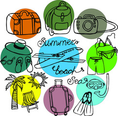 Large set of bright icons on the theme of travel.	