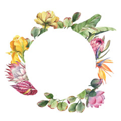 watercolor round frame wreath of green leaves and tropical flowers on white background