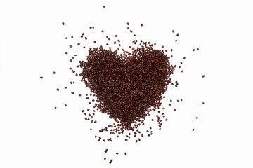 lots of coffee beans scattered in the heart-shaped center. Heart of brown coffee beans on a white background in the center of the frame, coffee beans fly in different directions