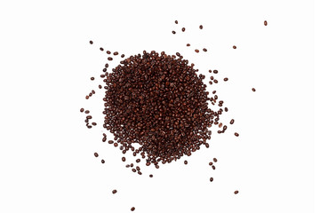 coffee abstraction. roasted coffee beans scattered on the surface on an empty white background. a large handful of coffee beans in the center of the frame