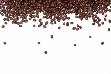 coffee beans fall from above on a white background. coffee background with an empty white field for...