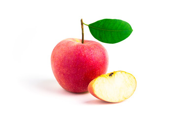 Isolated apple. Whole red, pink apple fruit with leaf isolated on white, with clipping path
