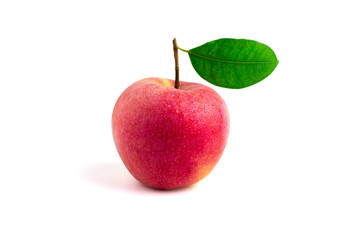 Isolated apple. Whole red, pink apple fruit with leaf isolated on white, with clipping path