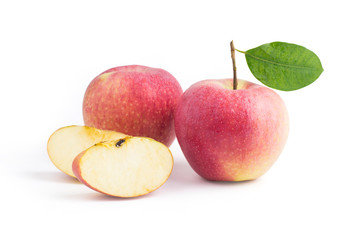 Fototapeta na wymiar Isolated apple. Whole red, pink apple fruit with leaf isolated on white, with clipping path
