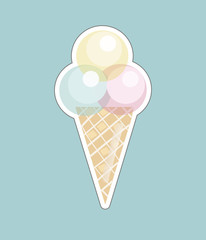 Vector illustration in flat style. Three balls Ice cream in a waffle cone. For creating stickers, icons, menu design, wrappers. Isolated on blue background