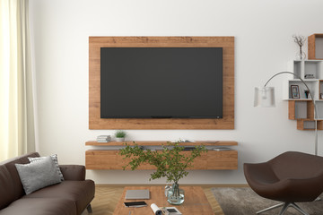 TV screen on the white wall  with wooden plate above the cabinet in modern living room with couch, armchair, coffee table, bookshelf, curtain. Clipping path around screen. 3d illustration