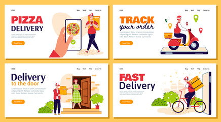 Fast delivery man with food order - cartoon banner set for pizza website