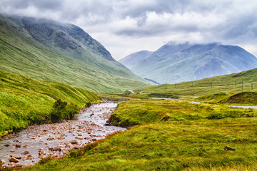 Glencoe or Glen Coe and Glen Etive valley, panoramic view landscape in Lochaber, Scottish Higlands,...