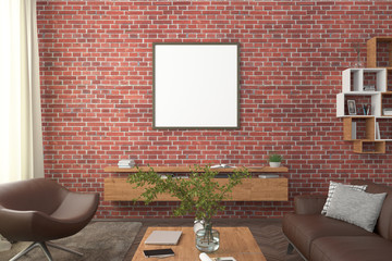 Square blank poster on red brick wall in interior of modern living room with clipping path around poster. 3d illustration