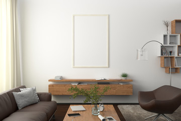 Vertical blank poster on white wall in interior of modern living room with clipping path around poster. 3d illustration