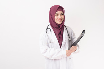 Beautiful woman doctor with hijab portrait on white background