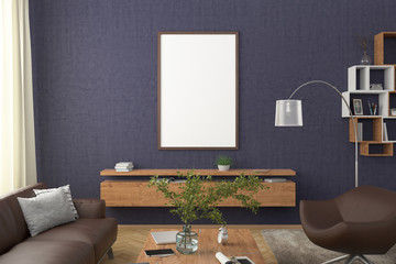 Vertical blank poster on blue concrete wall in interior of modern living room with clipping path around poster. 3d illustration
