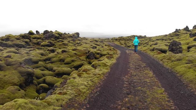 Woman exploring Eldhraun, lava field covered in moss in South Iceland, walking on a small road on a foggy day on spring 