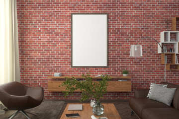 Vertical blank poster on red brick wall in interior of modern living room with clipping path around poster. 3d illustration