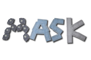 Bring the mask in alphabetical order, "M A S K", which is a medical mask Prevent virus, Covid-19 and pm2.5 dust, white background.Different forms of mask.Various forms of face masks. Join a mask.